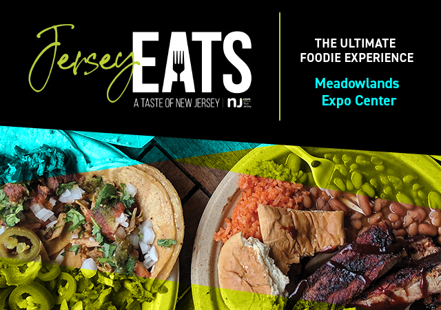 JERSEY EATS logo, plates of food. The ultimate foodie experience. Meadowlands Expo Center